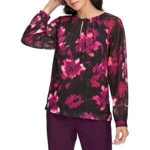 Calvin Klein Womens Printed Chiffon Blouse Black Pink Size XL MSRP $79